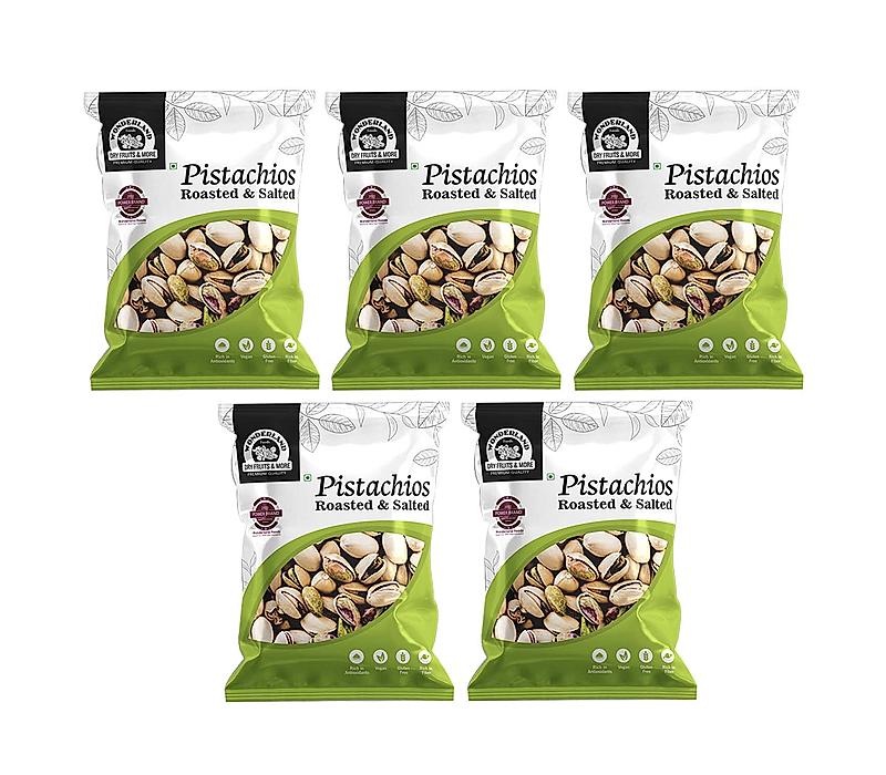 Wonderland Foods - Premium California Roasted & Salted Pistachios 500g (100g X 5) Zipper Pouch | Gluten & GMO Free | Super Crunchy, Delicious & Healthy Nuts
