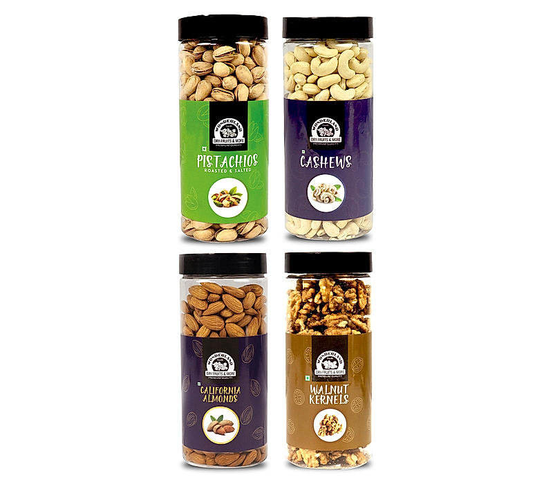 Wonderland Foods - Dry Fruits Premium Roasted Salted Pistachios, Raw Almonds, Cashews 500g  Each & Walnut Kernel 350g | 1.85Kg (500g X 3 + 350g) Re-Usable Jar | High in Fiber & Boost Immunity