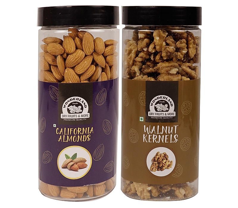 Wonderland Foods - Dry Fruits Premium Raw Almonds 500g & Walnut Kernel 350g | 850g (500g + 350g) Re-Usable Jar | High in Fiber & Boost Immunity