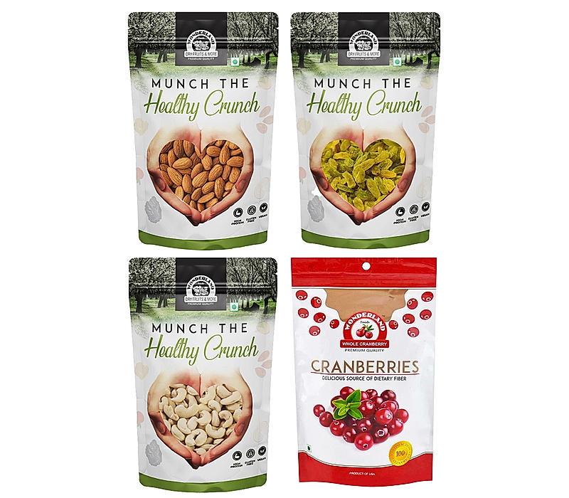 Wonderland Foods - Dry Fruits Premium Raw Almonds, Cashews, Whole Cranberries 100g  Each & Green Raisins 200g | 500g (100gX3 + 200g) Pouch | High in Fiber & Boost Immunity