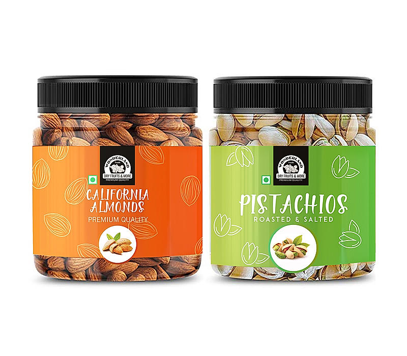 Wonderland Foods - Dry Fruits Premium California Roasted Salted Pistachios & Raw Almonds | 400g (200g X 2) Re-Usable Jar | High in Fiber & Boost Immunity
