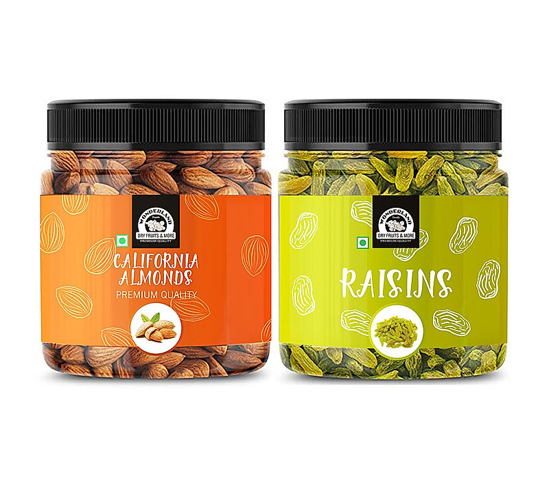 Wonderland Foods - Dry Fruits Premium California Raw Almonds & Green Raisins | 400g (200g X 2) Re-Usable Jar | High in Fiber & Boost Immunity