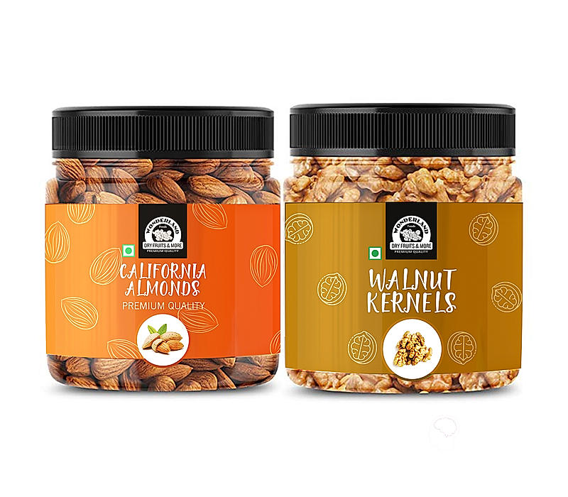 Wonderland Foods - Dry Fruits Premium Raw Almonds 200g & Walnut Kernels 150g | 350g (200g + 150g) Re-Usable Jar | High in Fiber & Boost Immunity