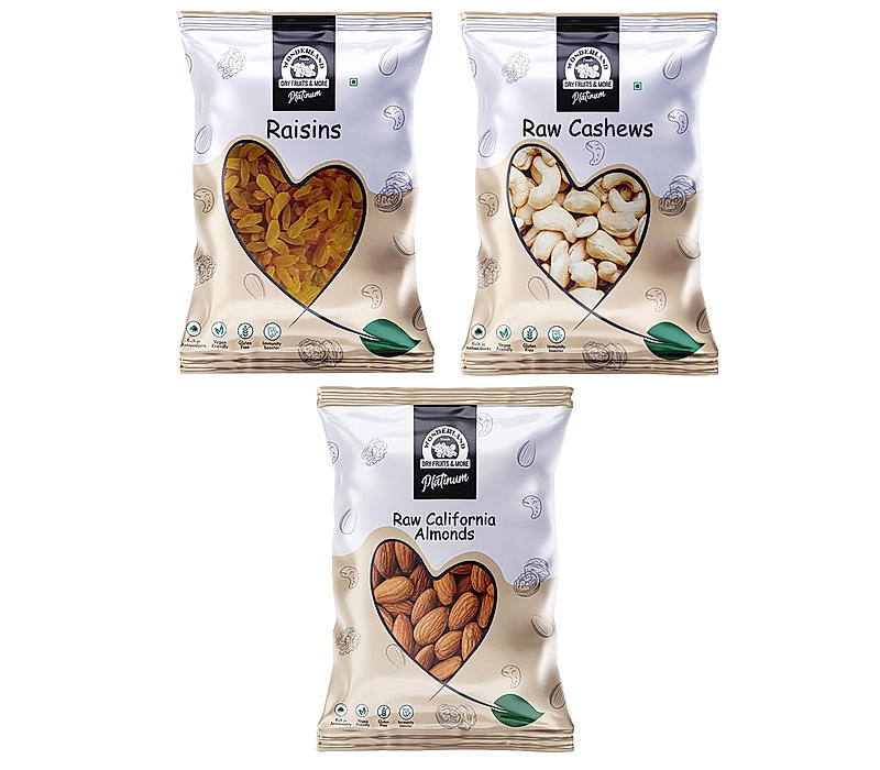 Wonderland Foods - Dry Fruits Premium Raw Almonds, Cashews & Green Raisins | 1.5Kg (500g X 3) Pouch | High in Fiber & Boost Immunity