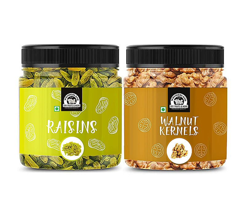 Wonderland Foods - Dry Fruits Premium Green Raisins 200g & Walnut Kernels 150g | 350g (200g + 150g) Re-Usable Jar | High in Fiber & Boost Immunity