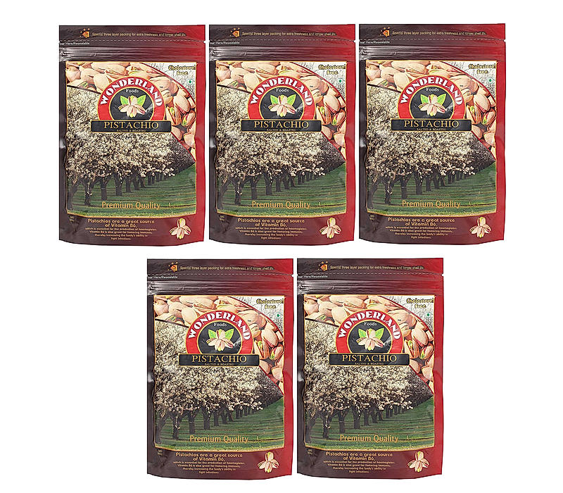 Wonderland Foods - Premium Irani Roasted & Salted Pistachios 1Kg (200g X5) Pouch | Gluten & GMO Free | Super Crunchy, Delicious & Healthy Nuts