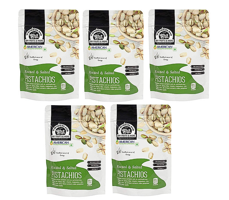 Wonderland Foods - Premium California Roasted & Salted Pistachios 1Kg (200g X 5) Zipper Pouch | Gluten & GMO Free | Super Crunchy, Delicious & Healthy Nuts