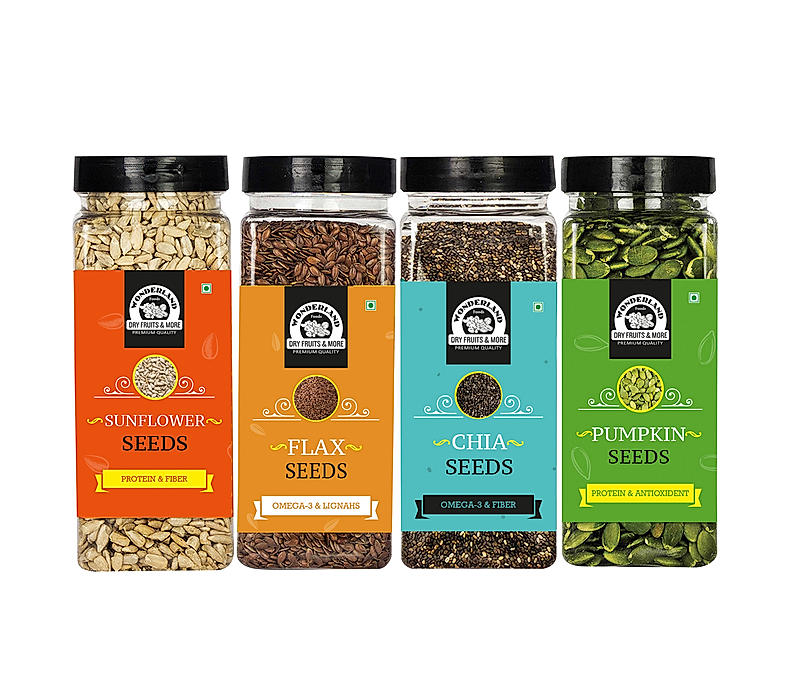 WONDERLAND FOODS (DEVICE) Healthy Roasted Seeds Combo Pack of 4 - Chia 200g, Pumpkin 200g, Sunflower 200g and Flax 200g