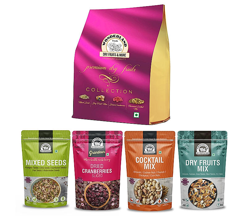 WONDERLAND FOODS Dry Fruits Gift Box Cocktail Mix 75g + Cranberry 50g + Dry Fruit Mix 50g + Mix Seeds 100g Collection Pack