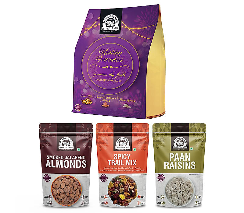 WONDERLAND FOODS Dry Fruits Gift Box Trail Mix 50g + Smoked Jalapeno Almonds 50g + Paan Raisin 100g Collection Pack
