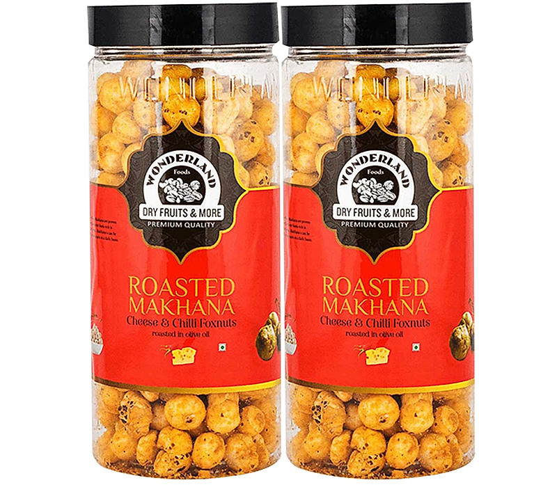 Wonderland Foods - Roasted & Flavoured Makhana (Foxnut) 200g (100g X 2) Cheese & Chilli Re-Usable Jar | Healthy Snack | Gluten Free |  Zero Trans Fat