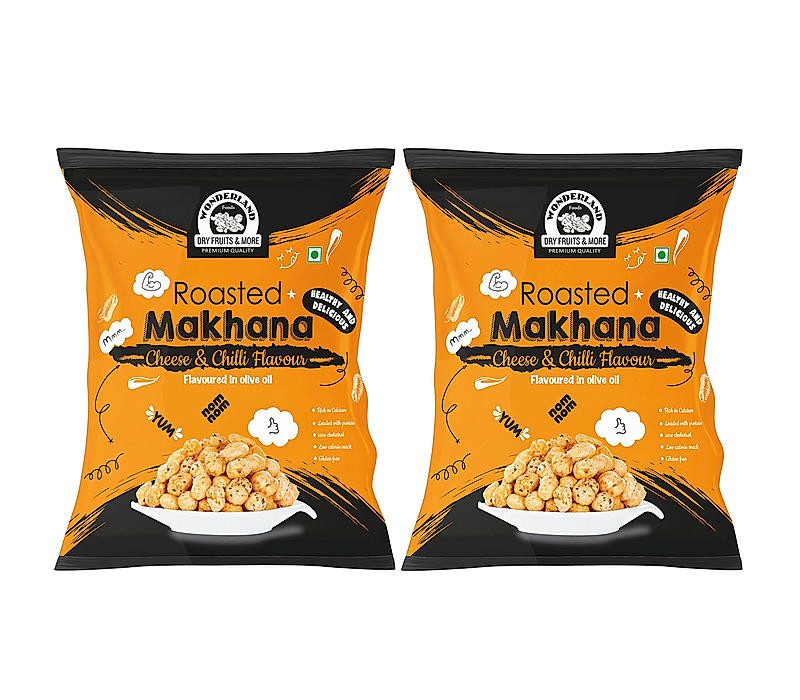 Wonderland Foods - Roasted & Flavoured Makhana (Foxnut) 200g (100g X 2) Cheese & Chilli Pouch | Healthy Snack | Gluten Free |  Zero Trans Fat