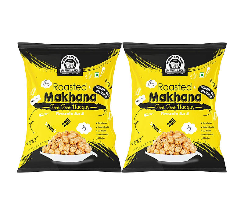 Wonderland Foods - Roasted & Flavoured Makhana (Foxnut) 200g (100g X 2) Peri Peri Pouch | Healthy Snack | Gluten Free |  Zero Trans Fat