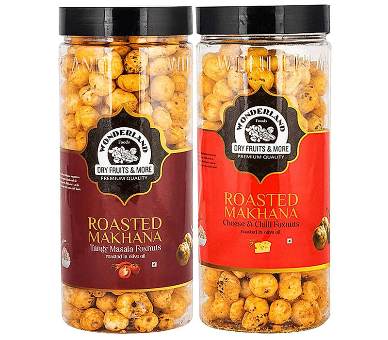 Wonderland Foods - Roasted & Flavoured Makhana (Foxnut) 200g (100g X 2) Tangy Masala & Cheese and Chilli Re-Usable Jar | Healthy Snack | Gluten Free |  Zero Trans Fat