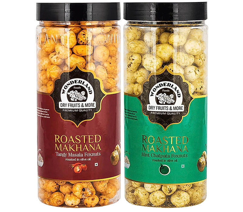 Wonderland Foods - Roasted & Flavoured Makhana (Foxnut) 200g (100g X 2) Tangy Masala & Mint Chatpata Re-Usable Jar | Healthy Snack | Gluten Free |  Zero Trans Fat