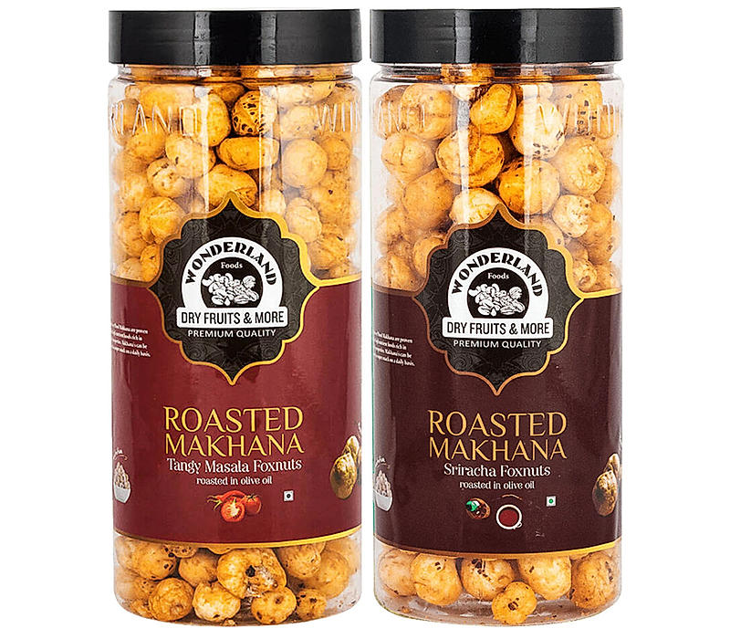 Wonderland Foods - Roasted & Flavoured Makhana (Foxnut) 200g (100g X 2) Tangy Masala & Sriracha Re-Usable Jar | Healthy Snack | Gluten Free |  Zero Trans Fat