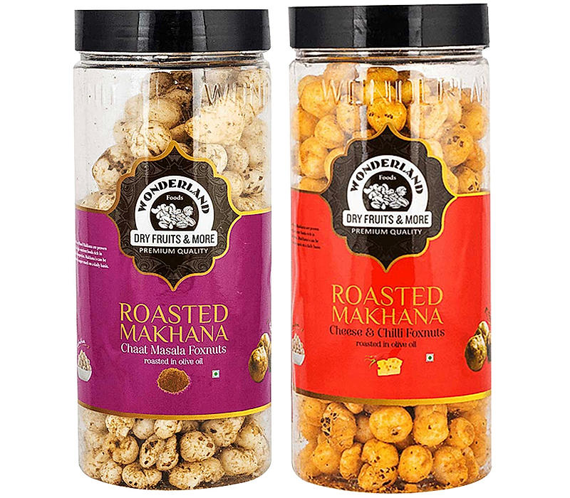 Wonderland Foods - Roasted & Flavoured Makhana (Foxnut) 200g (100g X 2) Cheese and Chilli & Chaat Masala Re-Usable Jar | Healthy Snack | Gluten Free |  Zero Trans Fat