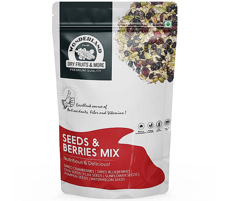 Wonderland Foods - Roasted Seeds & Berries Mix 200g Re-Sealable Pouch | Dried Blueberries, Cranberries | Sunflower, Pumpkin, Watermelon, Chia & Flax Seeds