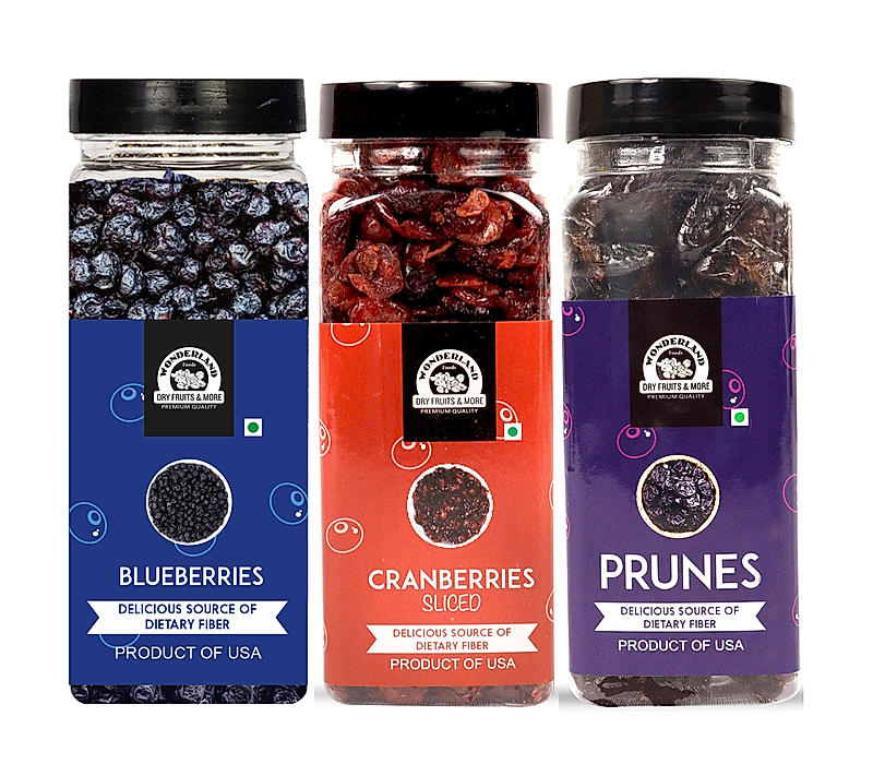 Wonderland Foods - Dried Blueberry 250g, Sliced Cranberry 200g & Prunes 250g (700g Combo) Re-Usable Jar