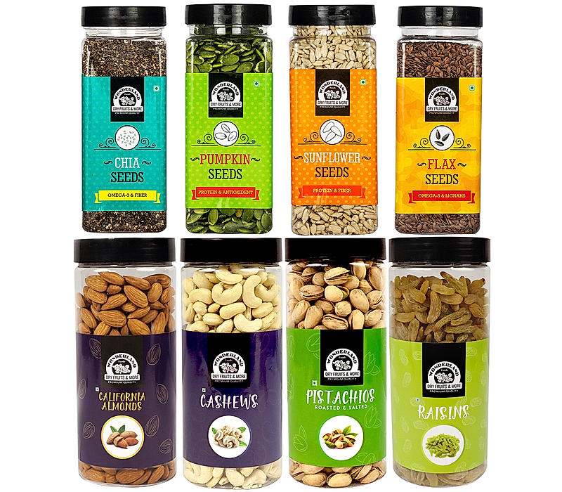 Wonderland Foods - Almond, Cashew, Roasted Salted Pistachios, Raisin 500g Each & Roasted Chia, Pumpkin, Sunflower and Flax Seeds 200g Each - (2800g Combo) Re-Usable Jar | Healthy Immunity Booster | Seeds For Eating
