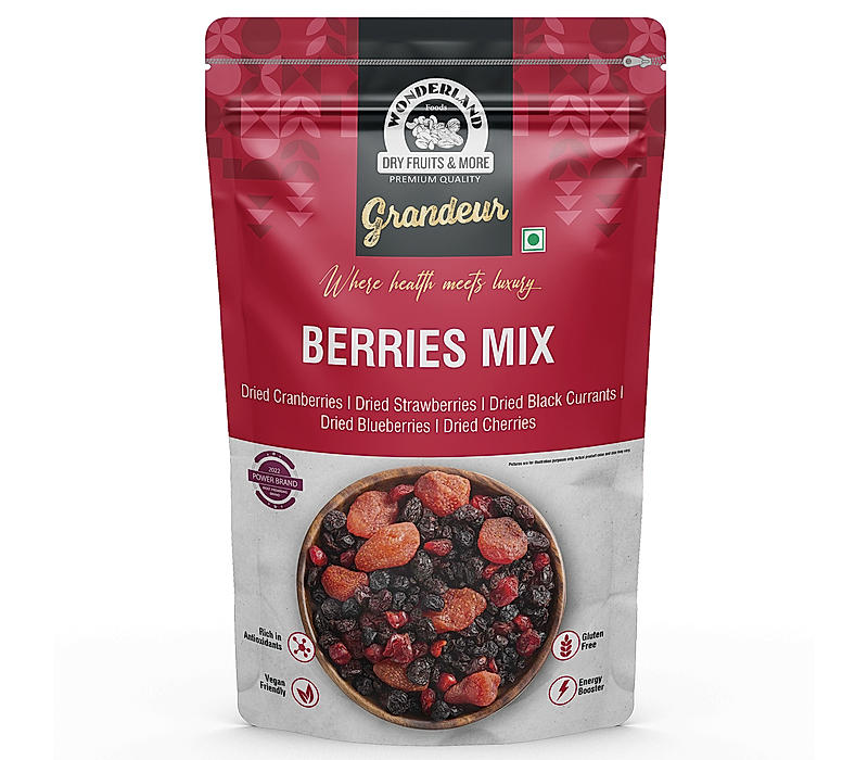 Wonderland Foods Grandeur Premium Berries Mix 200g Pouch | Dried Cranberries, Strawberries, Black Currants, Blueberries and Cherries | Antioxidant Rich | Healthy Snack | Gluten free