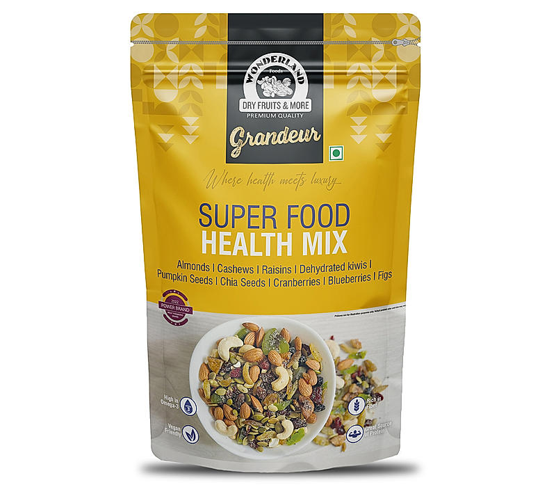 Wonderland Foods Grandeur Premium Healthy Mix 200g Pouch | Made with 09 Superfoods Contains Almonds, Cashews, Raisins, Dehydrated Kiwi, Pumpkin Seeds, Chia Seeds, Cranberries, Blueberries & Figs
