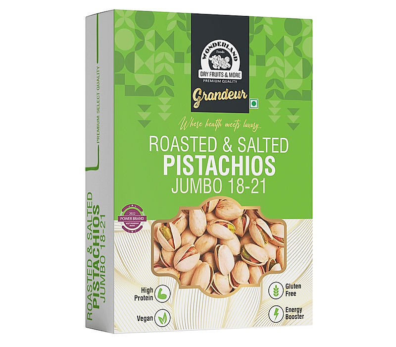 Wonderland Foods Grandeur Premium Jumbo Roasted Salted Pistachios 18-21 500g Box | Super Crunchy & Delicious Healthy Snack | Vitamins & Minerals Rich | Immunity Booster
