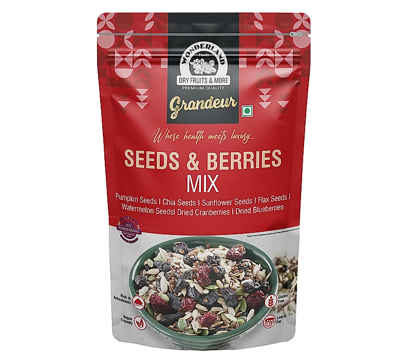 Wonderland Foods Grandeur Premium Seeds and Berries Mix 200g Pouch | Pumpkin Seeds, Chia Seeds, Sunflower Seeds, Flax Seeds, Watermelon Seeds, Dried Cranberries & Dried Blueberries
