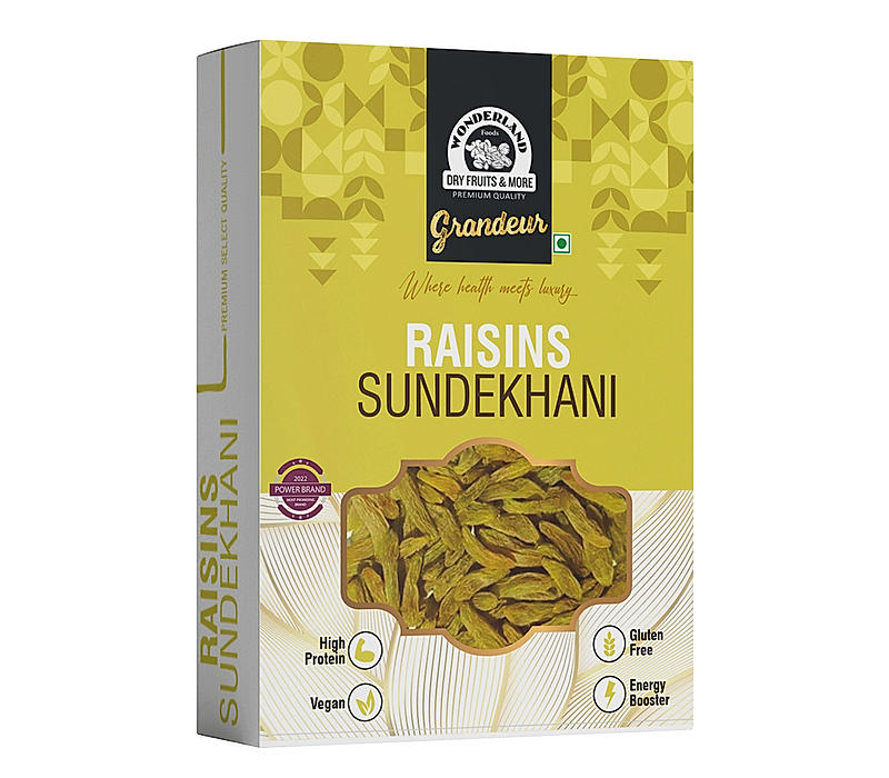 Wonderland Foods Grandeur Premium Sundekhani Raisins 500g Box | Sund-e-Khani Kishmish | Rich in Iron & Vitamin B | High in Antioxidants | Whole Natural Dry Grapes | Seedless Long Raisins