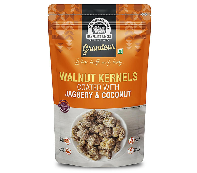 Wonderland Foods Grandeur Premium Coconut & Jaggery Walnut Kernels 100g Pouch | Rich in Fiber And Antioxidants