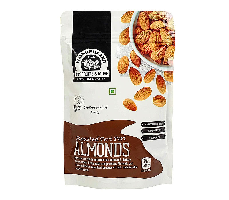 Wonderland Foods - Roasted & Flavoured with Peri-Peri Seasoning California Almonds 200g Zipper Pouch Pack | Badam Giri | Nutritious & Delicious High in Fiber & Boost Immunity | Real Nuts | Gluten Free