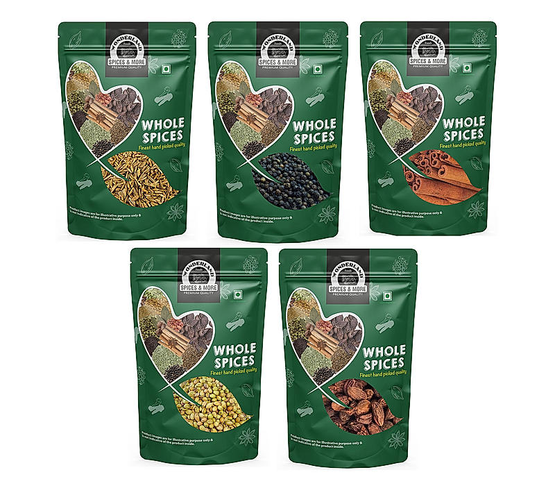 Wonderland Foods Premium Quality Combo of Whole Spices (100 Grams Each ) - (Cumin, Black Pepper, Cinnamon, Coriander and Black Cardamom) (5 x 100 g)