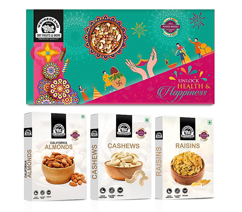 Wonderland Foods Dry Fruits Gift Pack | Raw Almonds + Raw Cashews + Raisins 200gX3 600g Gift Box | Premium Gift Hamper | Gourmet Gift | Diwali Gift for Family| Friend | Corporate