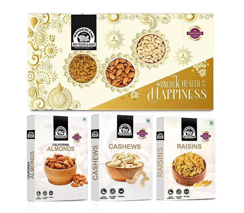Wonderland Foods Dry Fruits Gift Pack | Raw Almonds + Raw Cashews + Raisins 100gX3 300g Gift Box | Premium Gift Hamper | Gourmet Gift | Diwali Gift for Family| Friend | Corporate
