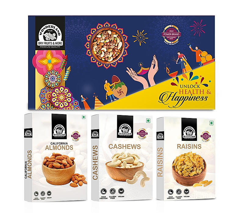 Wonderland Foods Dry Fruits Gift Pack | Raw Almonds + Raw Cashews + Raisins 200gX3 600g Gift Box | Premium Gift Hamper | Gourmet Gift | Diwali Gift for Family| Friend | Corporate