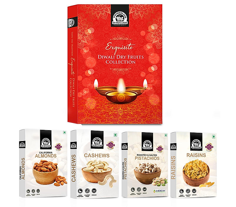 Wonderland Foods Dry Fruits Gift Pack | Raw Almonds + Raw Cashews + Raisins + Roasted Pistachios 100gX4 400g Gift Box | Premium Gift Hamper | Gourmet Gift | Diwali Gift for Family| Friend | Corporate