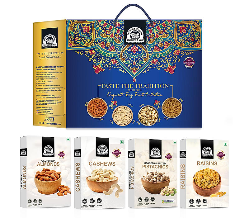 Wonderland Foods Dry Fruits Gift Pack | Raw Almonds + Raw Cashews + Raisins + Roasted Pistachios 200gX4 800g Gift Box | Premium Gift Hamper | Gourmet Gift | Diwali Gift for Family| Friend | Corporate