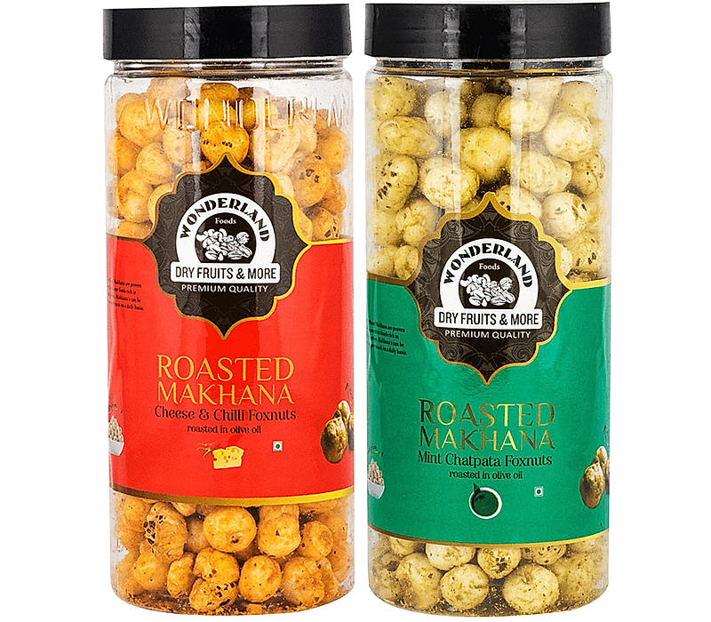 Wonderland Foods - Roasted & Flavoured Makhana (Foxnut) 200g (100g X 2) Cheese and Chilli & Mint Chatpata Re-Usable Jar | Healthy Snack | Gluten Free | Zero Trans Fat