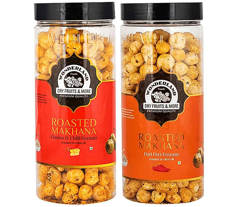 Wonderland Foods - Roasted & Flavoured Makhana (Foxnut) 200g (100g X 2) Cheese and Chilli & Peri Peri Re-Usable Jar | Healthy Snack | Gluten Free | Zero Trans Fat