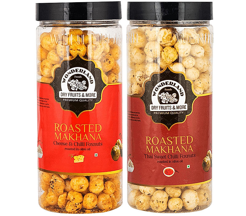 Wonderland Foods - Roasted & Flavoured Makhana (Foxnut) 200g (100g X 2) Cheese and Chilli & Thai Sweet Chilli Re-Usable Jar | Healthy Snack | Gluten Free | Zero Trans Fat