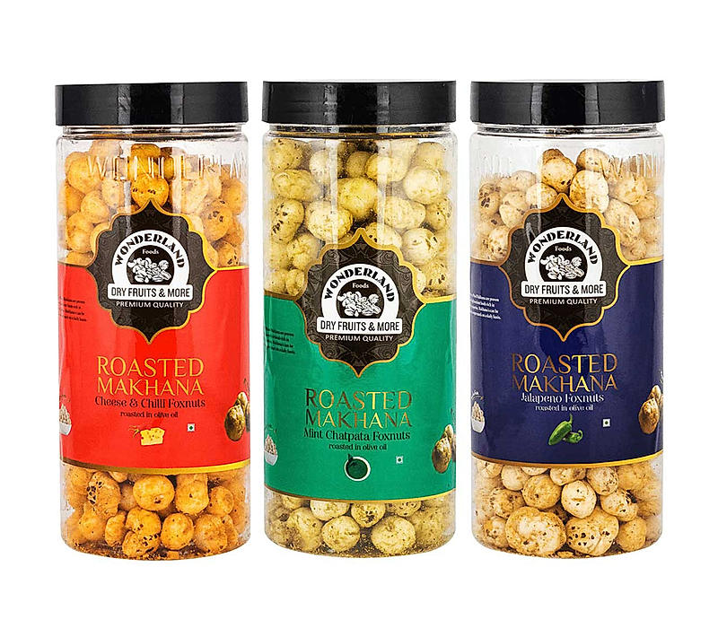 Wonderland Foods - Roasted & Flavoured Makhana (Foxnut) 300g (100g X 3) Chese and Chilli, Mint Chatpata & Jalapeno Re-Usable Jar | Healthy Snack | Gluten Free | Zero Trans Fat