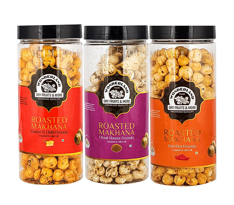 Wonderland Foods - Roasted & Flavoured Makhana (Foxnut) 300g (100g X 3) Peri Peri, Chaat Masala & Cheese and Chilli Re-Usable Jar | Healthy Snack | Gluten Free | Zero Trans Fat