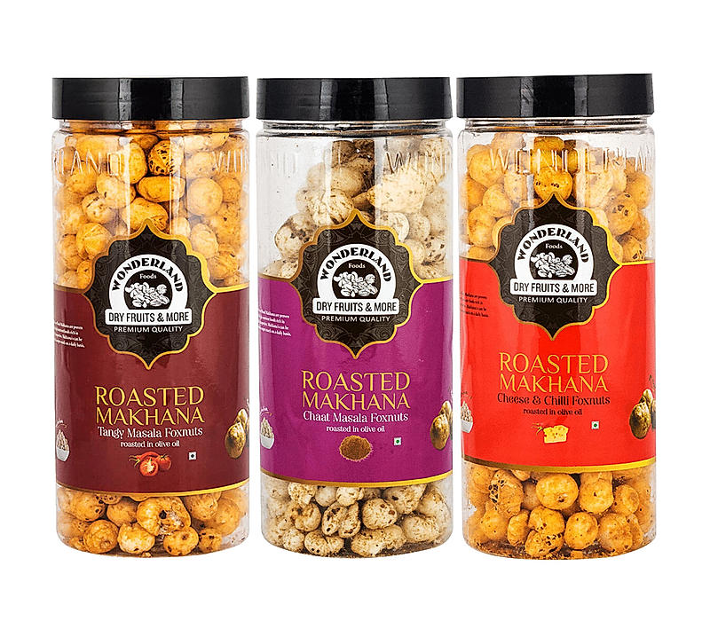 Wonderland Foods - Roasted & Flavoured Makhana (Foxnut) 300g (100g X 3) Tangy Masala, Chaat Masala & Cheese and Chilli Re-Usable Jar | Healthy Snack | Gluten Free | Zero Trans Fat