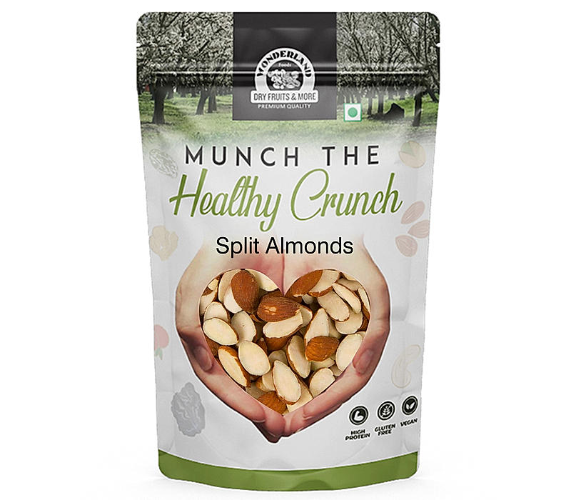 Wonderland Foods Dry Fruits Splits 2Pcs Almonds 450g Pouch | Almond Halves Best for Baking & Sweets Making Purpose | High in Fiber & Boost Immunity