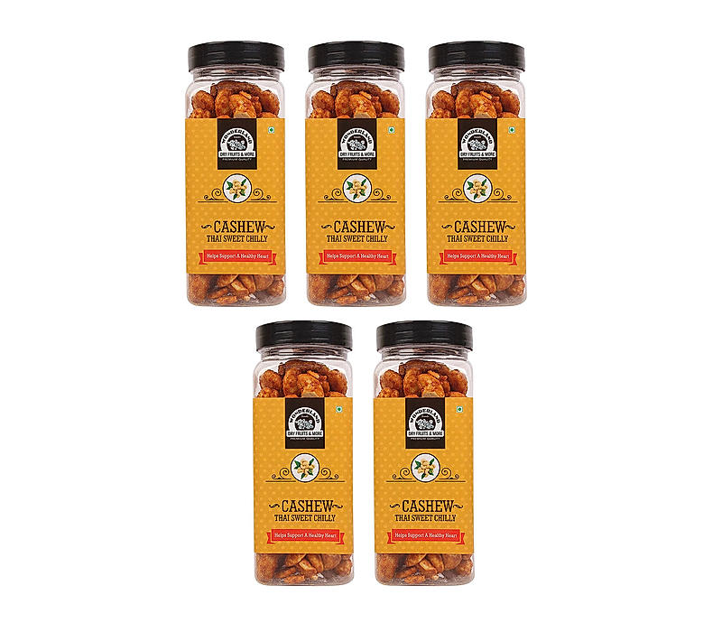 Wonderland Foods - Roasted & Flavoured With Thai Sweet Chilli Seasoning Whole Kaju 750g (150g X 5) Re-Usable Jar | Dry Fruit Roasted & Flavoured Whole Cashew | Whole Cashew Nut | Gluten & GMO-Free | Delicious & Healthy Nuts