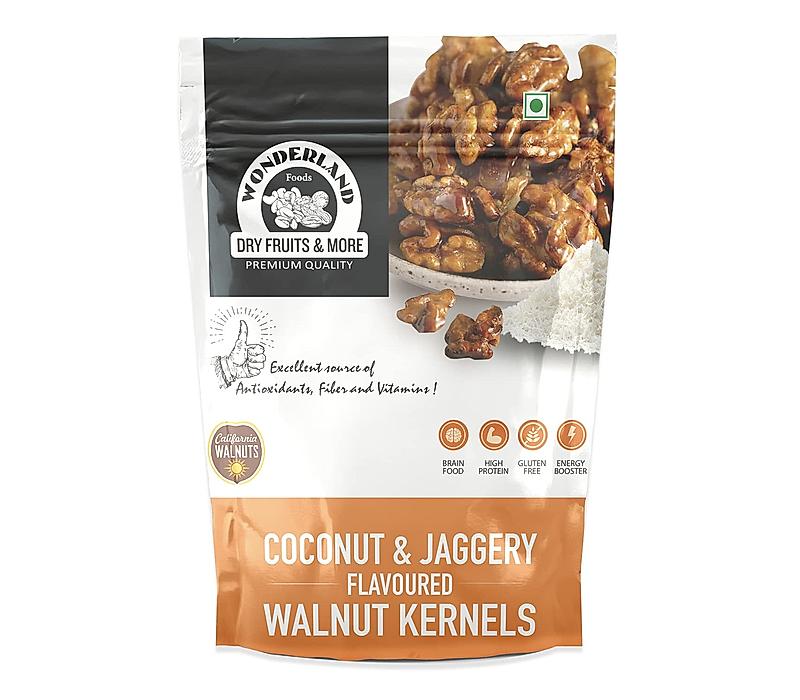 Wonderland Foods - Dry Fruits California Walnut Kernels Coated With Coconut & Jaggery 100g Pouch | (Akhrot Giri) High in Protein & Iron | Low Calorie Nut | Healthy & Delicious