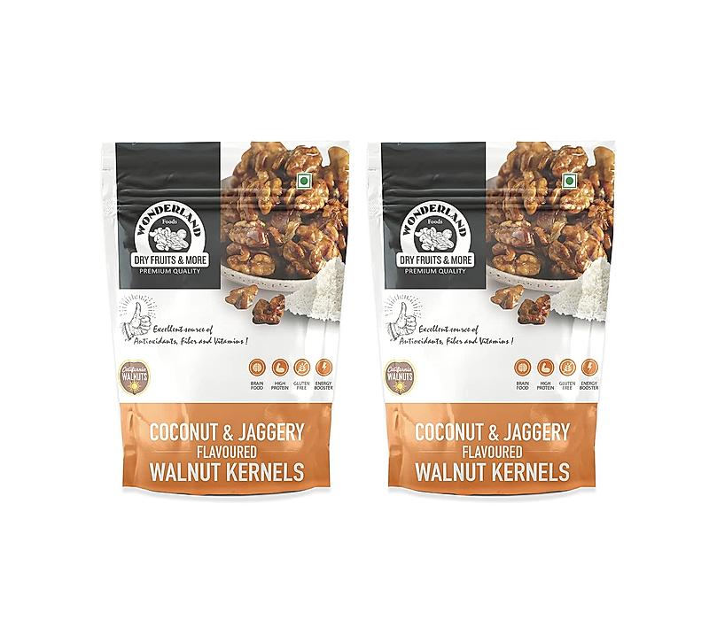 Wonderland Foods - Dry Fruits California Walnut Kernels Coated With Coconut & Jaggery 200g (100g X 2) Pouch | (Akhrot Giri) High in Protein & Iron | Low Calorie Nut | Healthy & Delicious