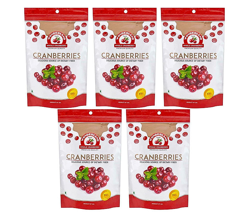 Wonderland Foods - Premium Californian Dried and Whole Cranberries 500g (100g X 5) Pouch | Real dried fruit | High Antioxidants, Dietary Fiber | Healthy Treats | No Added Sugar