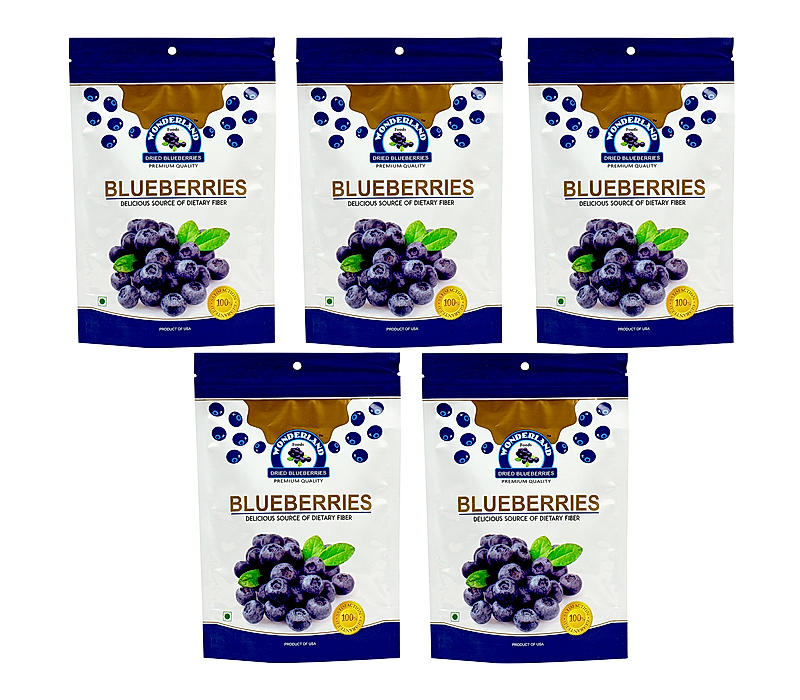 Wonderland Foods - Californian Whole & Dried Blueberry 750g (150g X 5) Pouch | Vegan, Non-GMO & No Preservatives | Healthy & Tasty Ideal For Snacking | No Added Sugar