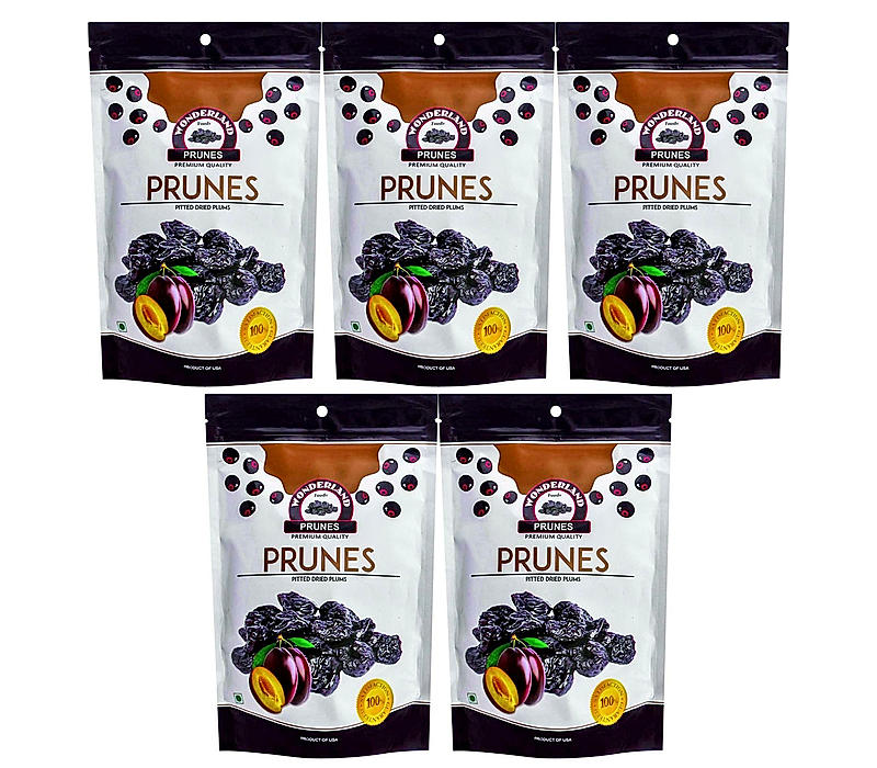 Wonderland Foods - Premium Dried Californian Pitted Prunes 1Kg (200g X 5) Pouch | Dehydrated Dried Fruit Candies | Dry Plum | High in Dietary Fiber | Super Healthy Snacks | Deseeded & No Added Sugar